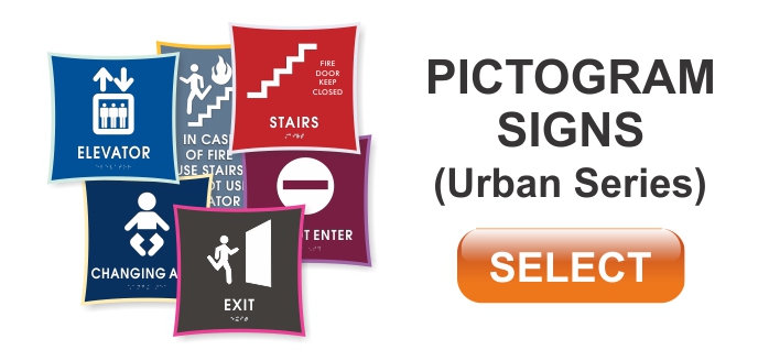 Pictogram ADA Braille tactile signs, restroom, stairs, handicap
